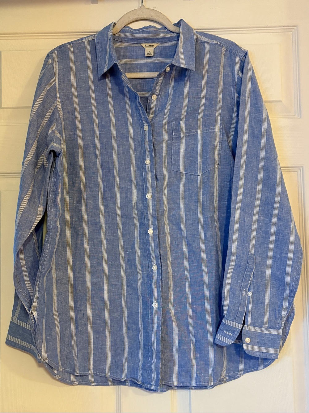 L.L. Bean Blue & White Stripe 100% Linen Button-Down Shirt